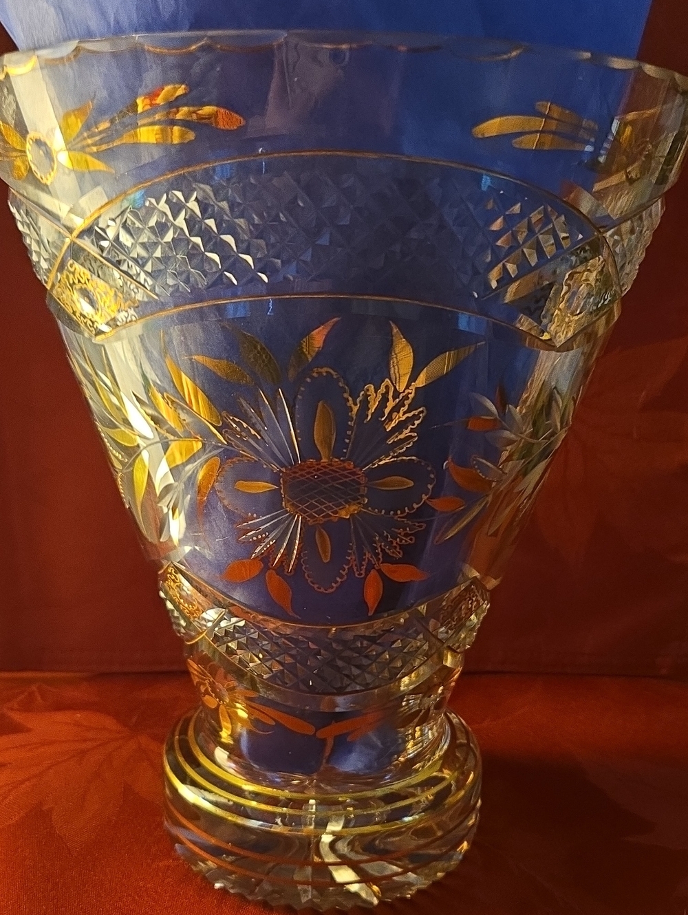 Vintage Bohemian Cut Crystal Vase With Gold Gilding.